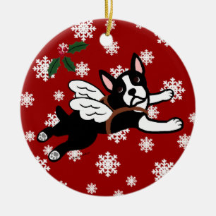 Boston-Terrier-Engels-Cartoon-Schneeflocken Keramik Ornament