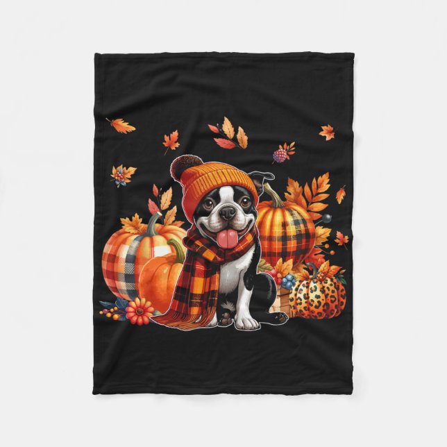 Boston Terrier Erntedank Leopard Pumpkins Fall Fleecedecke (Vorderseite)