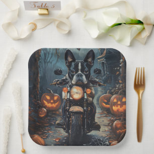 Boston Terrier fährt Motorrad Halloween Gruselig Pappteller