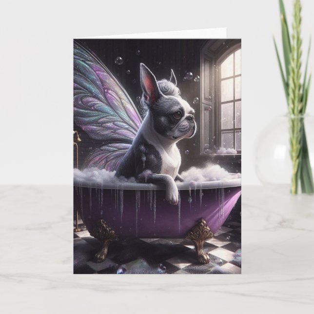 Boston Terrier Fairy in der Lila Badewanne Karte (Vorderseite)