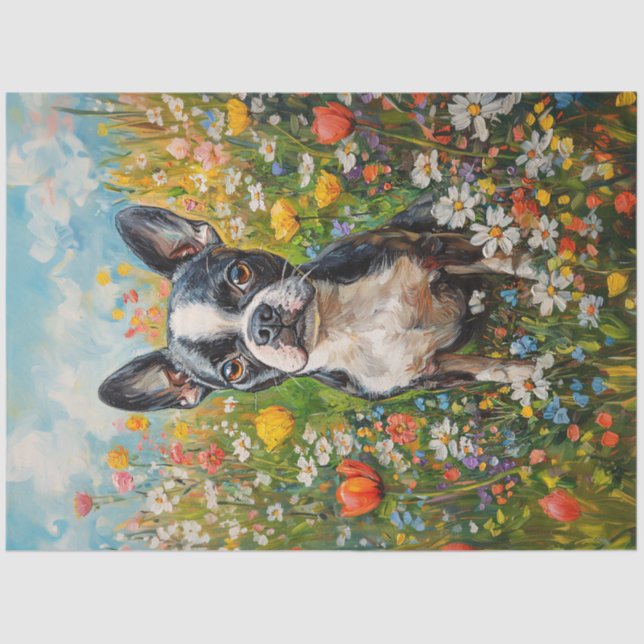 Boston Terrier - Farbenfrohe Wildblume Seidenpapier (Vorderseite)