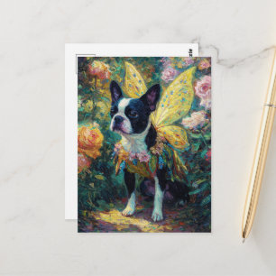 Boston Terrier Fee in einem Rosengarten Postkarte