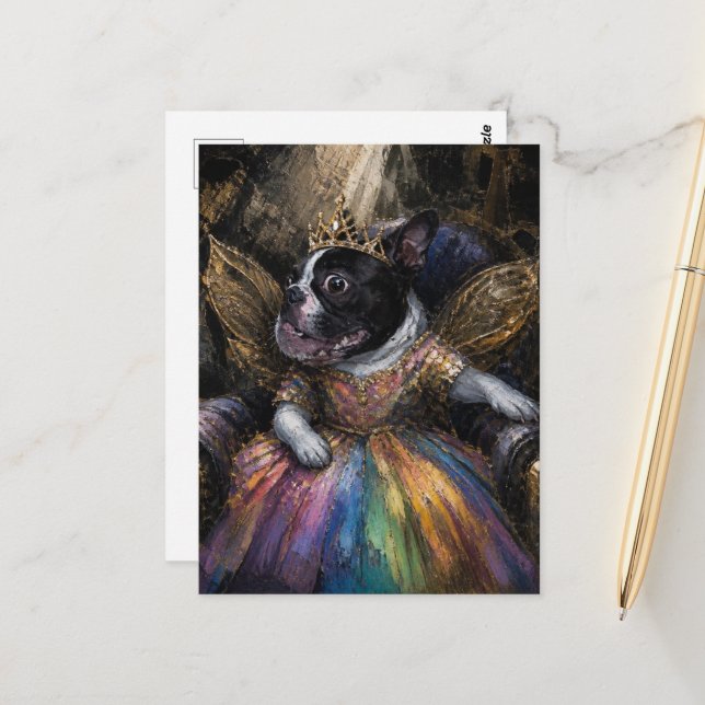 Boston Terrier Fee in einem Sessel Postkarte (Vorderseite/Rückseite Beispiel)