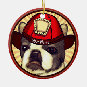 Boston Terrier Feuerwehrmann Keramik Ornament