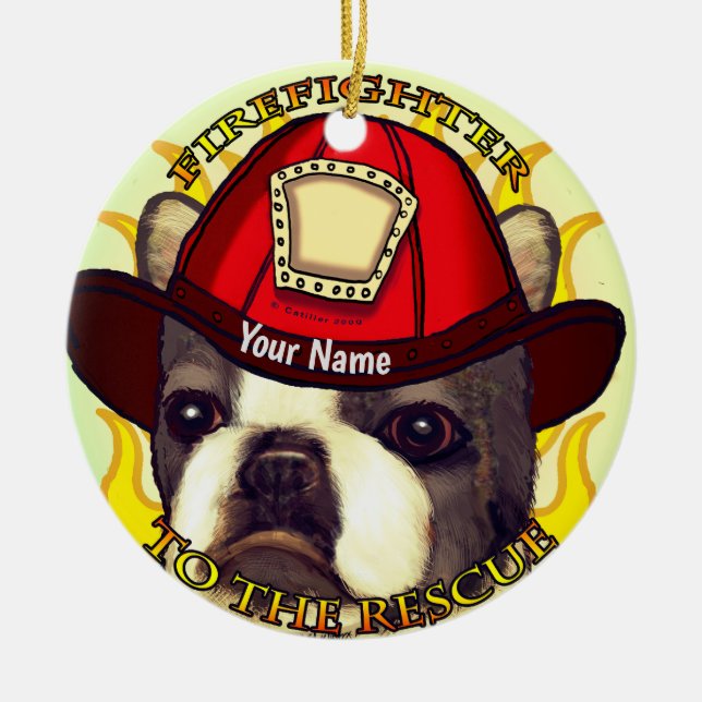 Boston Terrier Feuerwehrmann Keramik Ornament (Vorne)