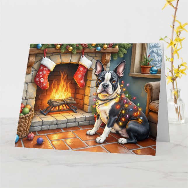 Boston Terrier Fireplace with Christmas Lights Karte (Gelbe Blume)