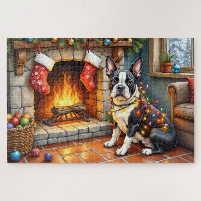 Boston Terrier Fireplace with Christmas Lights Puzzle (Horizontal)