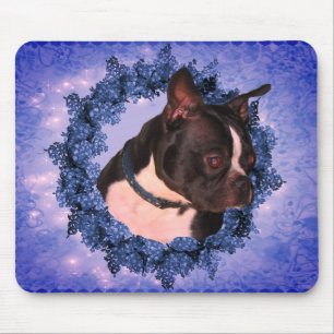 Boston Terrier Floral Wreath Dog Mousepad