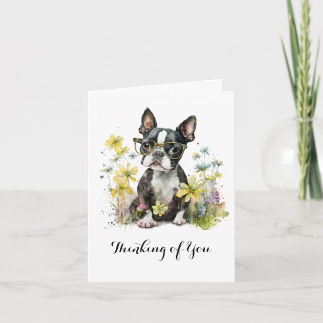 Boston Terrier Flowers Glasses Thinking of You Karte (Vorderseite)