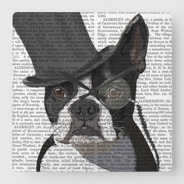 Boston Terrier, Formal Hound und Hat Quadratische Wanduhr (Vorderseite)