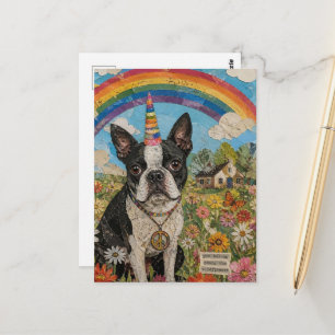 Boston Terrier Friedens Einhorn in Wildblumen Postkarte