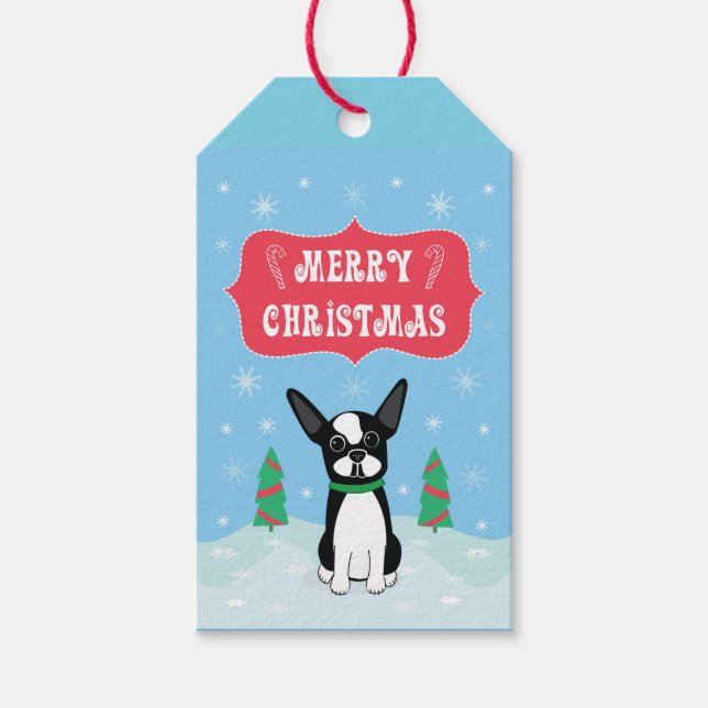 Boston Terrier Frohe Weihnachten mit Schneeflocken Geschenkanhänger (Vorderseite)