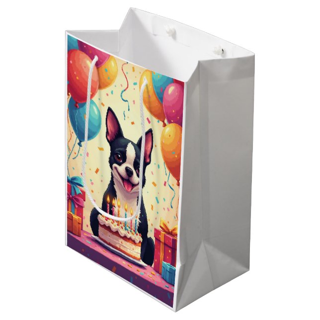 Boston-Terrier-Geburtstagsfeier Mittlere Geschenktüte (Vorderseite Schrägansicht)