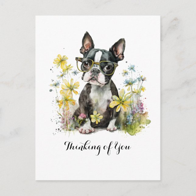 Boston Terrier Glasses Floral Thinking of You Postkarte (Vorderseite)