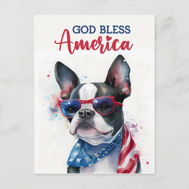 Boston Terrier, Gott segne Amerika Postkarte (Vorderseite)