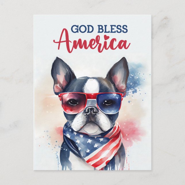 Boston Terrier, Gott segne Amerika Postkarte (Vorderseite)