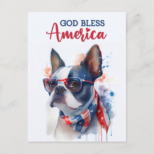 Boston Terrier, Gott segne Amerika Postkarte (Vorderseite)