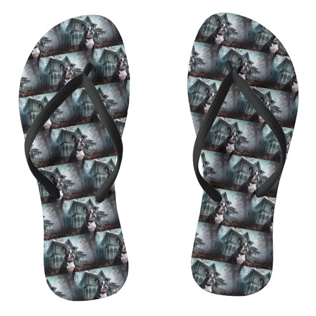 Boston Terrier Halloween Beängstigend Flip Flops (Fußbett)