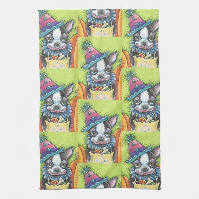 BOSTON TERRIER HALLOWEEN CLOWEN, DOG KITCHEN TOWEL GESCHIRRTUCH (Vertikal)