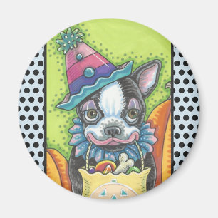 BOSTON TERRIER HALLOWEEN CLOWEN, DOG MAGNET Round