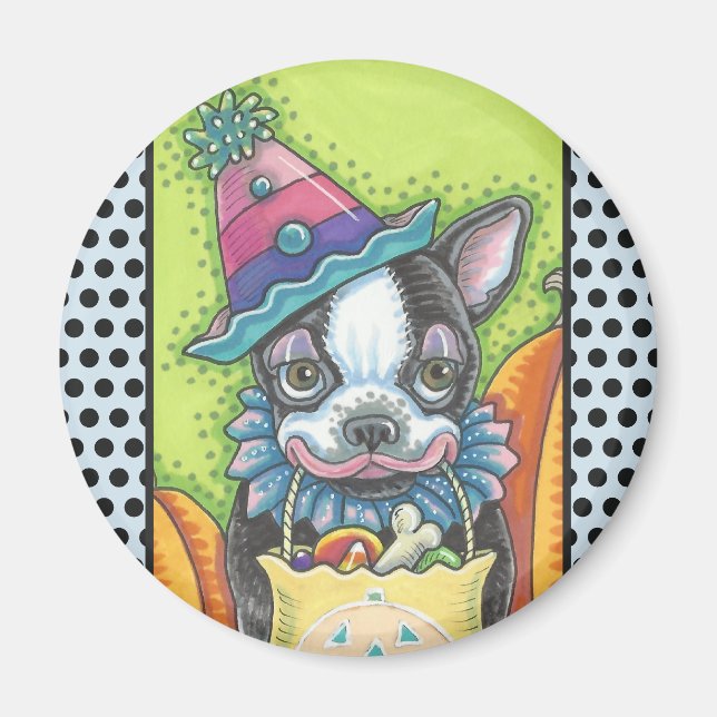 BOSTON TERRIER HALLOWEEN CLOWEN, DOG MAGNET Round (Vorne)