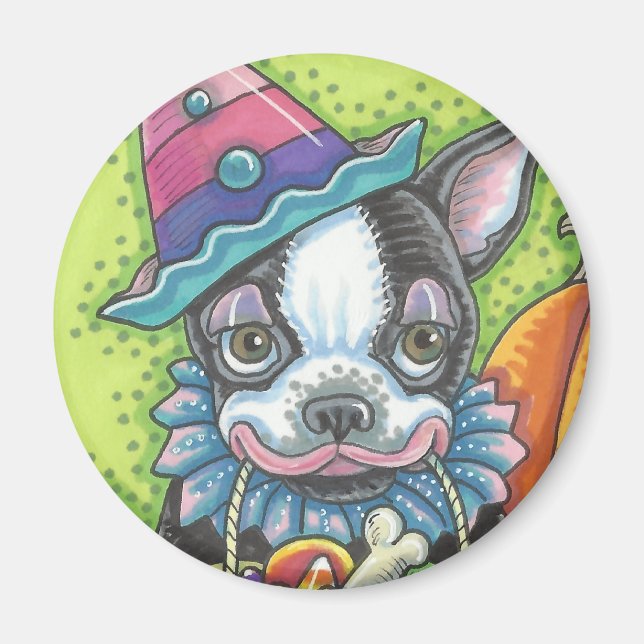 BOSTON TERRIER HALLOWEEN CLOWEN, DOG MAGNET Round (Vorne)