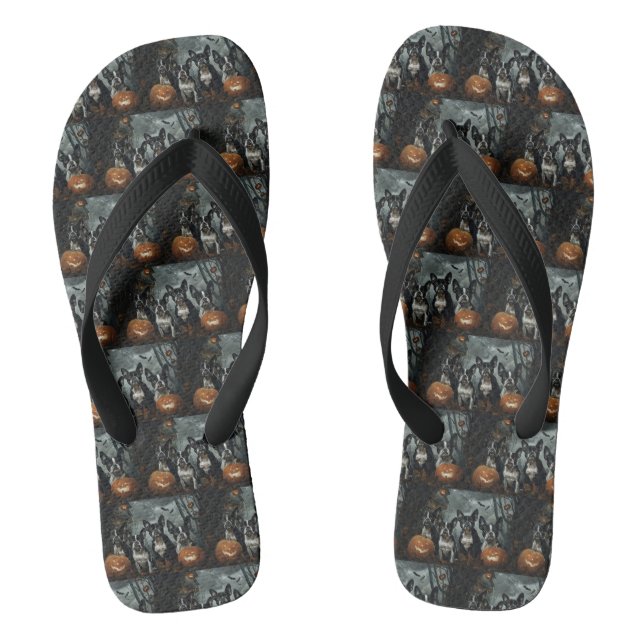 Boston Terrier Halloween Night Doggy Delight Flip Flops (Fußbett)