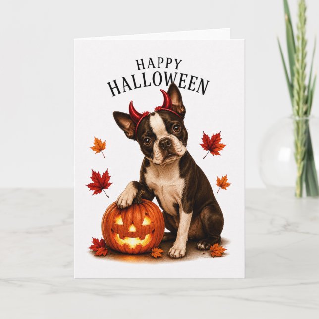 Boston Terrier Halloween Teufelshund Karte (Vorderseite)