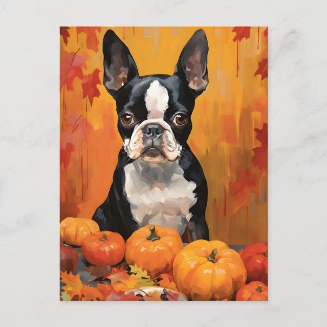Boston Terrier Herbst Erntedank Postkarte (Vorderseite)