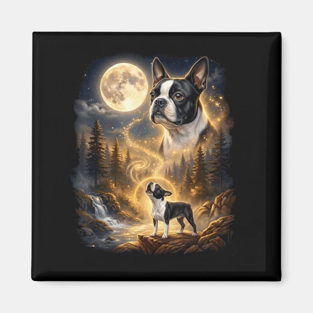 Boston Terrier heult am Mond Retro  Magnet (Vorne)