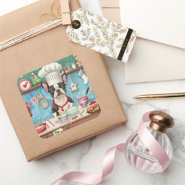 Boston Terrier Holiday Baking: Festliche Weihnacht Quadratischer Aufkleber (Schenken)
