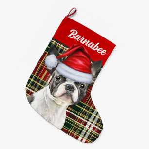 Boston Terrier Holiday Kariert und Hunde Name Großer Weihnachtsstrumpf