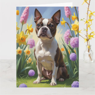 Boston Terrier Hund Frühlingsblumen Malerei Karte