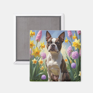Boston Terrier Hund Frühlingsblumen Malerei Magnet