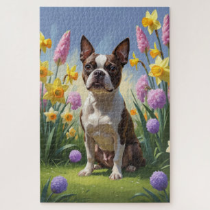 Boston Terrier Hund Frühlingsblumen Malerei Puzzle