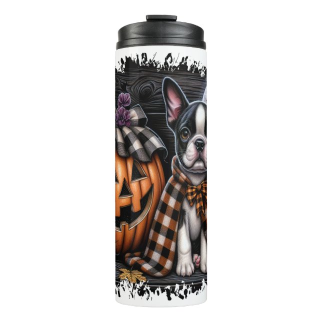 Boston Terrier Hund Halloween Thermosbecher (Vorderseite)
