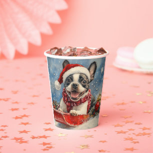 Boston Terrier Hund im Schlitten Lass es schneien  Pappbecher