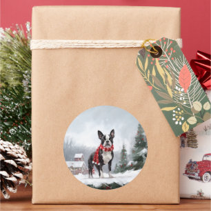 Boston Terrier Hund im Schnee Weihnachten Runder Aufkleber