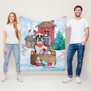 Boston Terrier Hund im Schnee Weihnachtshaus für H Fleecedecke
