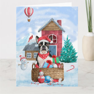 Boston Terrier Hund im Schnee Weihnachtshundehaus Karte