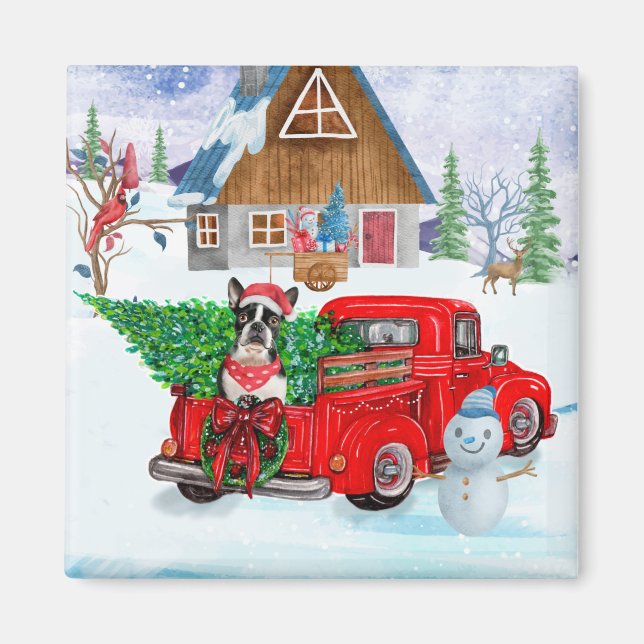 Boston Terrier Hund In Christmas Delivery Truck Magnet (Vorne)