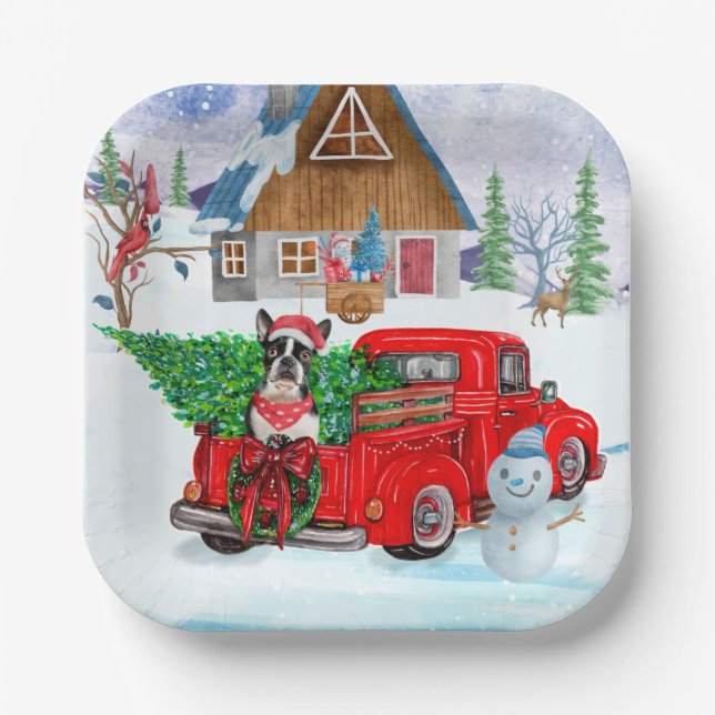 Boston Terrier Hund In Christmas Delivery Truck Pappteller (Vorderseite)