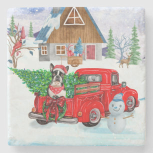 Boston Terrier Hund In Christmas Delivery Truck Steinuntersetzer