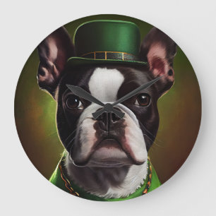 Boston Terrier Hund in St. Patrick's Day Dress Große Wanduhr
