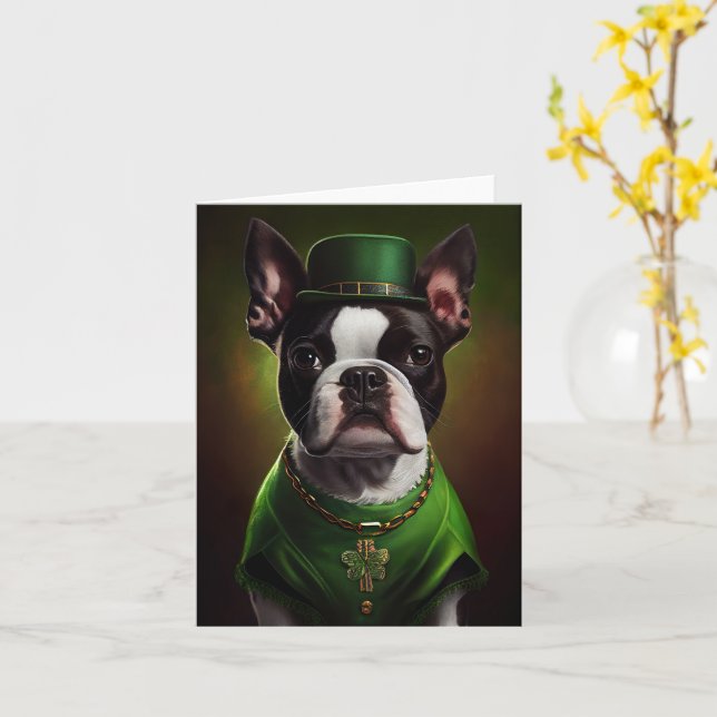 Boston Terrier Hund in St. Patrick's Day Dress Karte (Gelbe Blume)
