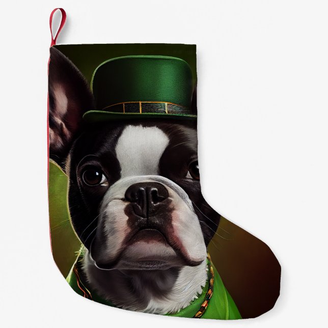 Boston Terrier Hund in St. Patrick's Day Dress Kleiner Weihnachtsstrumpf (Vorderseite)