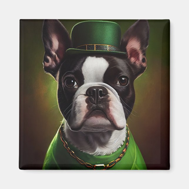 Boston Terrier Hund in St. Patrick's Day Dress Magnet (Vorne)