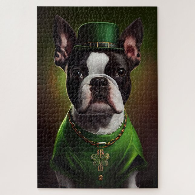 Boston Terrier Hund in St. Patrick's Day Dress Puzzle (Vertikal)