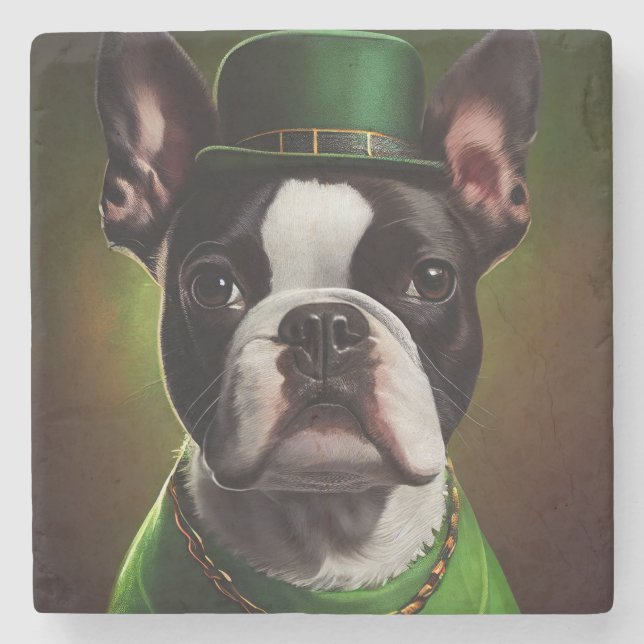 Boston Terrier Hund in St. Patrick's Day Dress Steinuntersetzer (Vorderseite)