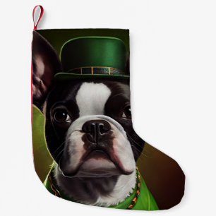 Boston Terrier Hund in St. Patrick's Day Kleid Kleiner Weihnachtsstrumpf